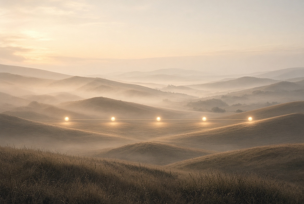 Alt description: Photorealistic minimal editorial landscape showing a subtle horizontal glowing timeline of five connected luminous nodes spanning a serene week-long journey across soft natural terrain under calm light