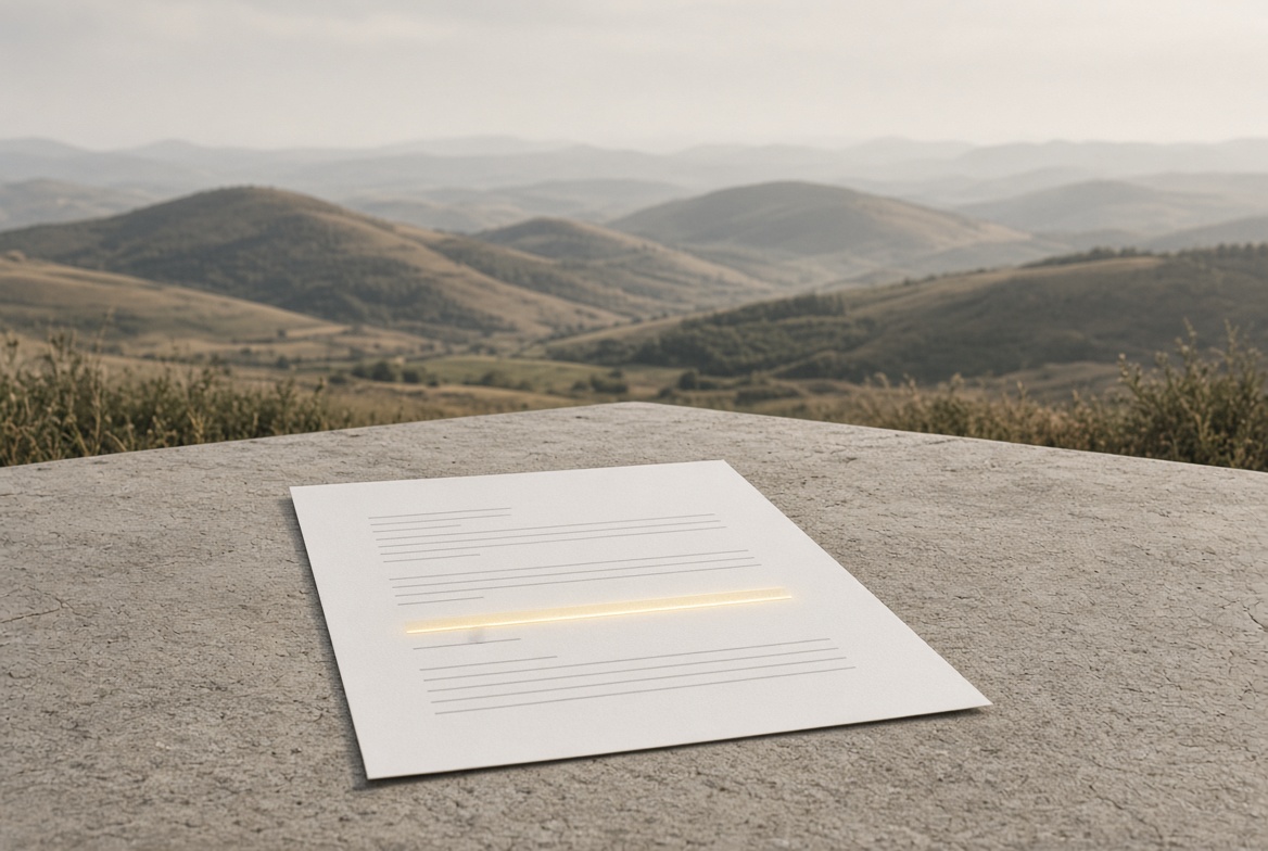 Photorealistic minimal editorial landscape showing a clean document with a single highlighted clause, set against a calm natural backdrop in soft restrained light