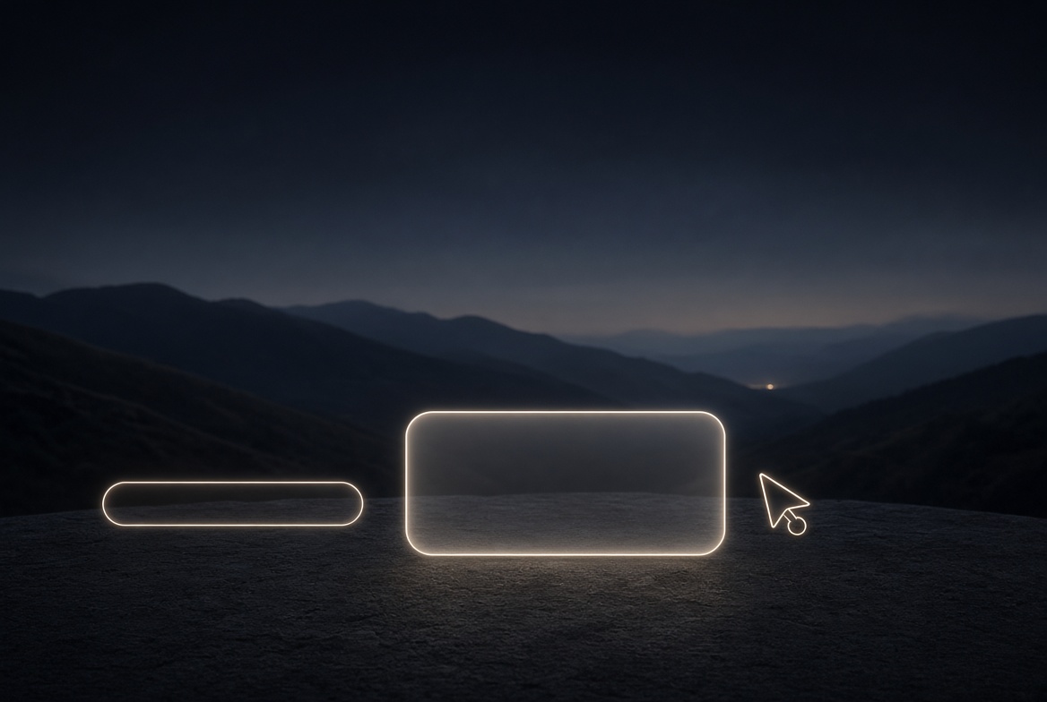 Photorealistic minimal editorial dark landscape showing a glowing search bar transitioning into a highlighted answer box followed by a smaller click icon, set against serene night hills