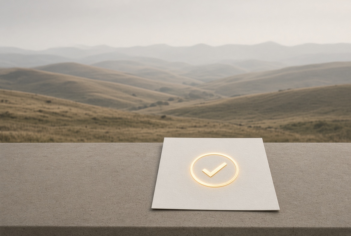 Photorealistic minimal editorial landscape featuring a clean document with a subtle glowing checkmark seal overlay, set against a serene natural backdrop in restrained soft light