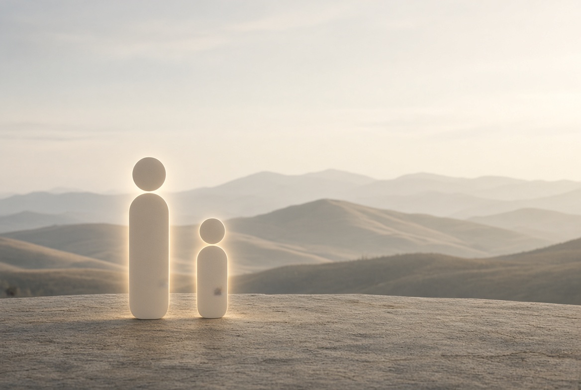 Photorealistic minimal editorial landscape featuring two simple abstract figure icons in contrasting proportions, presented in clean data-visualization style against a serene natural backdrop