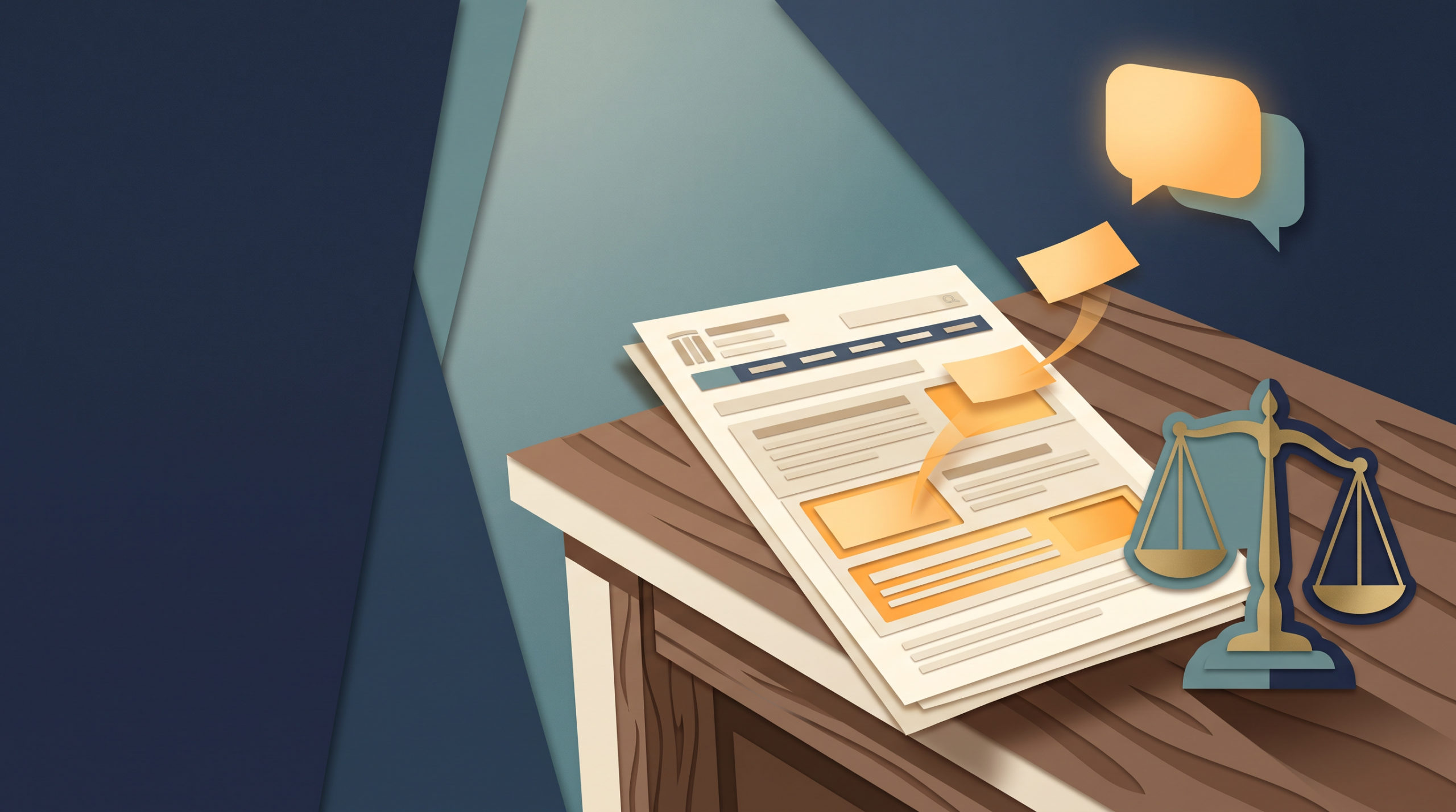 Editorial illustration, flat layered paper-cut style. A single printed web page of a law firm rests on a walnut desk beside a brass scales-of-justice paperweight. Three short passages on the page are highlighted in amber and lift off the page as small floating cards, drifting toward a soft rounded speech-bubble shape glowing at the top right, suggesting an AI assistant quoting them. Palette: deep navy, warm cream, amber, muted teal. Soft directional light, gentle shadows, generous negative space on the left third. No text, no letters, no numbers, no logos, no grid or graph-paper background, no people, no robots, no circuit patterns.